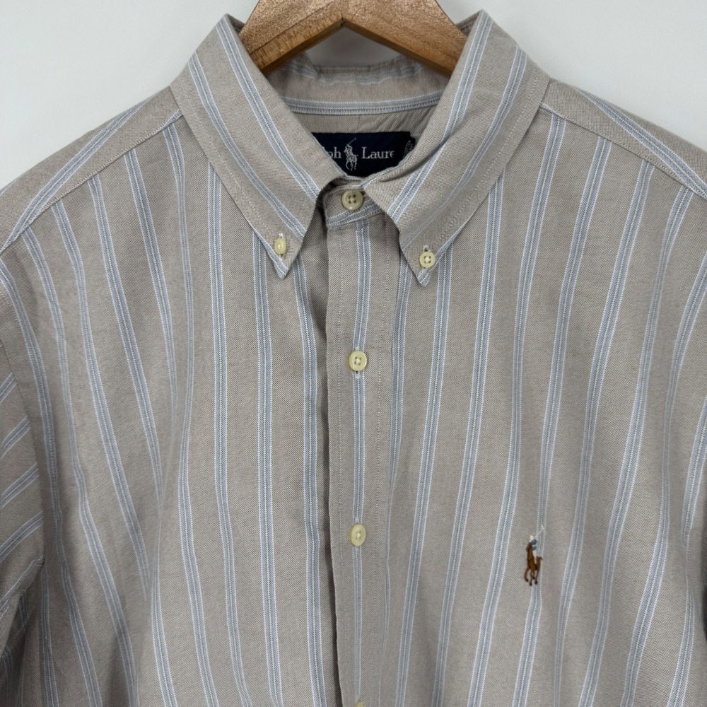 Ralph Lauren Classic Fit Striped Button Down Shirt Mens 17 32/33 Tan Pony